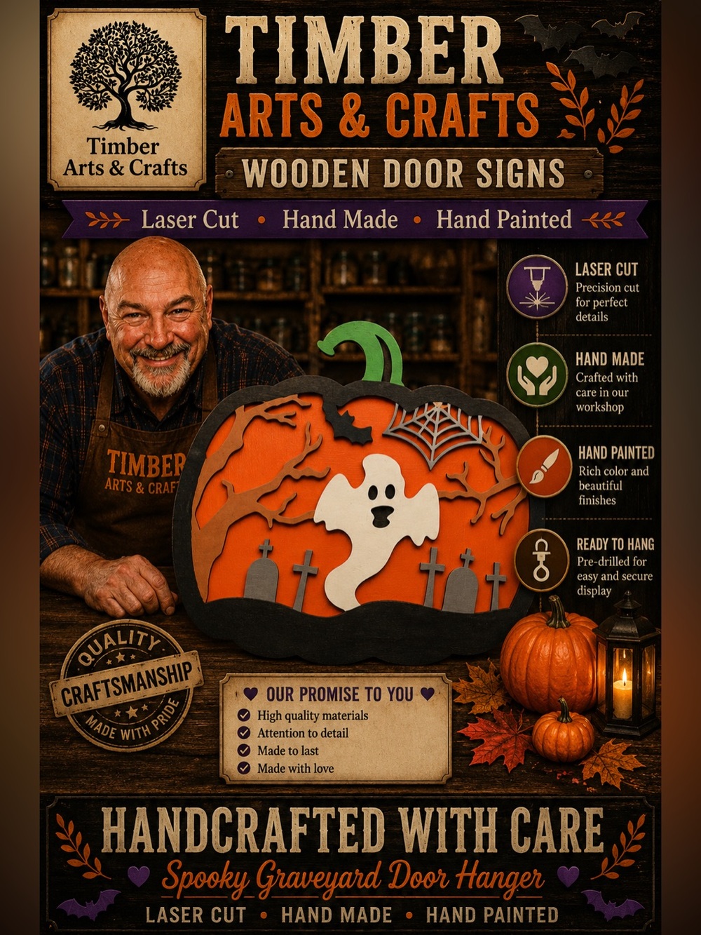 Hand Crafted Wooden "Halloween Spooky.
Graveyard " Door Hanger Laser Cut